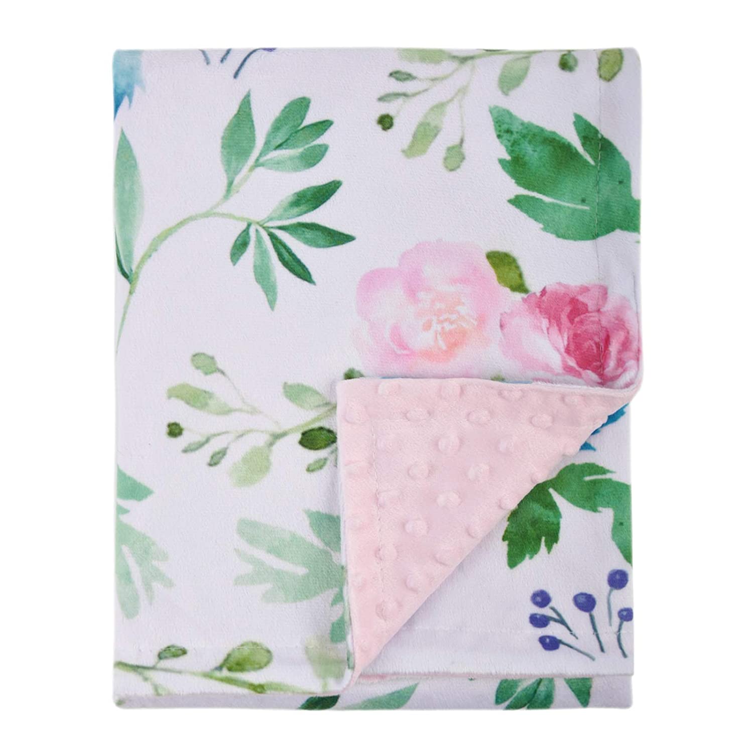 Baby Blanket for Girls Super Soft Double Layer Minky with Dotted Backing, Receiving Blanket with Pink Floral Multicolor Printed Blanket 30 x 40 Inch(75x100cm)
