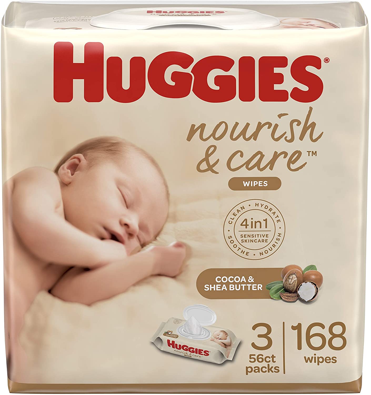 Huggies Nourish & Care Scented Baby Wipes, 3 Flip-Top Packs (168 Wipes Total)