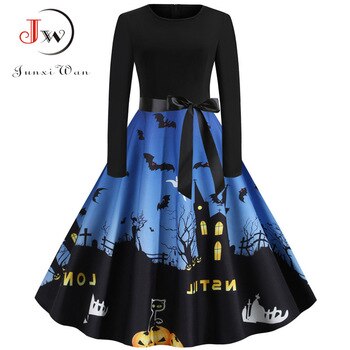 Pumpkin Print Halloween Dress Women 2020 Autumn Long Sleeve Slim Party Dress Vintage Elegant V Neck Long Dresses Vestidos